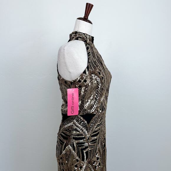 Gatsby Sequin Embellished Gold Halter Mermaid Formal Gown NWT - Picture 5 of 10